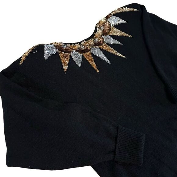 Vtg Semplice Lambs Wool Angora Rabbit Hair Black Sequin Deep V Back Sweater L - Picture 4 of 13